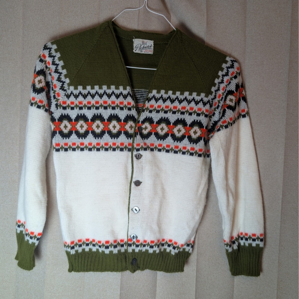 Vintage Pickwick Orlon  Cardigan Sweater Olive Green Orange White Size 14 S
